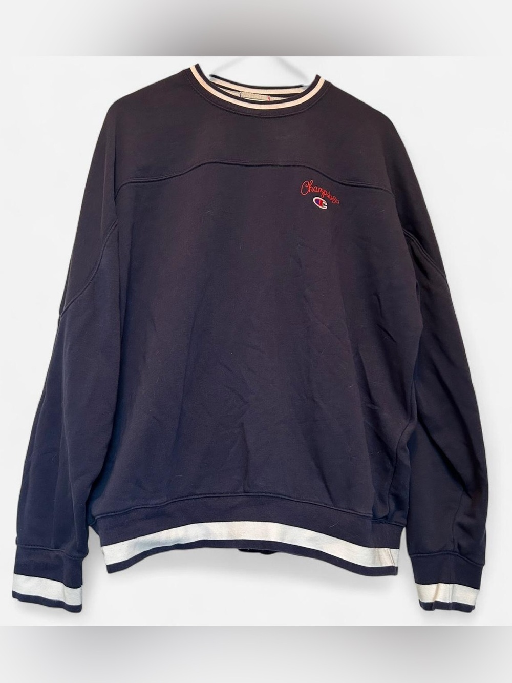 Champion Men's Dark Navy Crewneck Sweatshirt with White-Trim